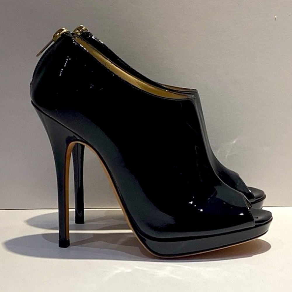 JIMMY CHOO black patent peep toe leather heels shoes booties